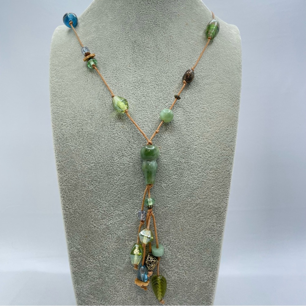 Vintage Green Glass Beaded Tassel Necklace Cord Tie Closure Boho Long